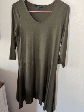 Eileen Fisher Olive Green 3/4 Sleeve Stretch Knit Swing Dress XS Petite